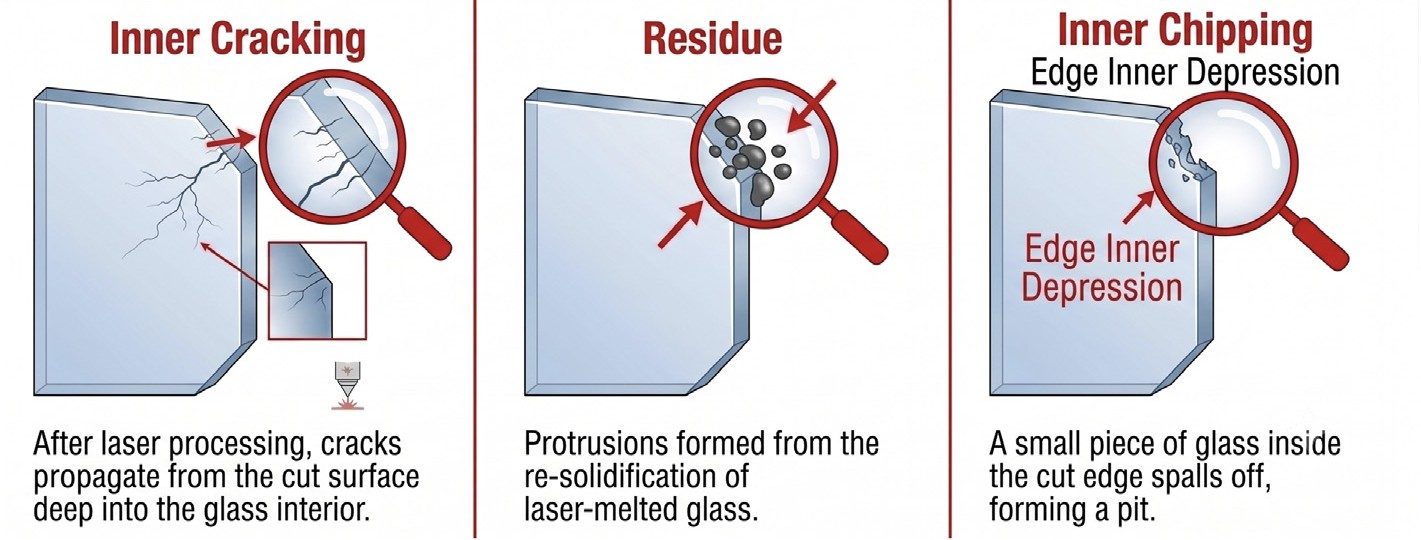 Schematic of three laser edge defects in glass: inner cracking, residue and inner chipping