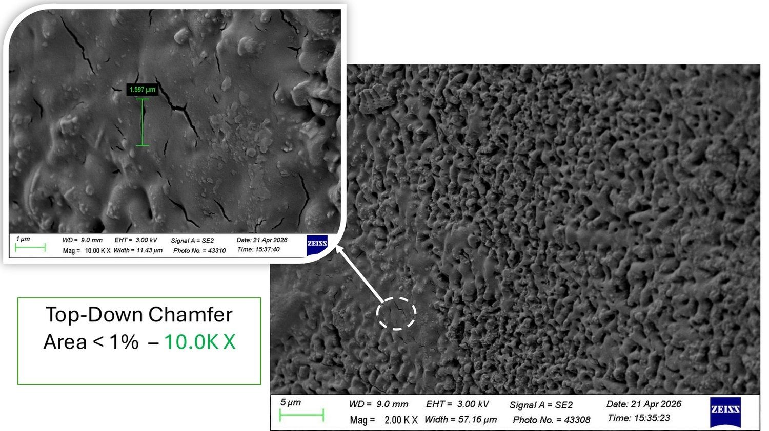 SEM of the chamfer face at 2,000 times with a 10,000 times inset